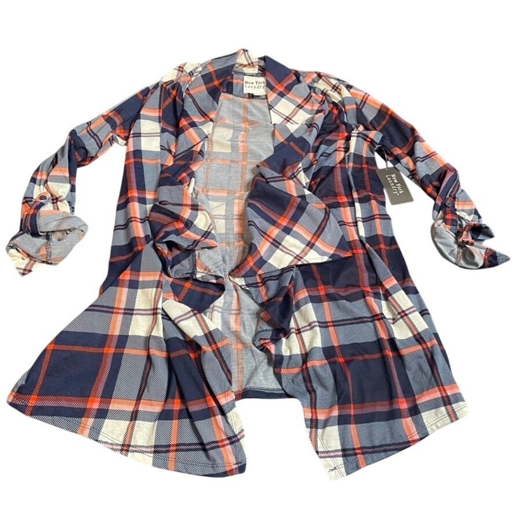 New‎ York Laundry Women's 1X Plaid Open Front Cardigan Duster Navy Orange White